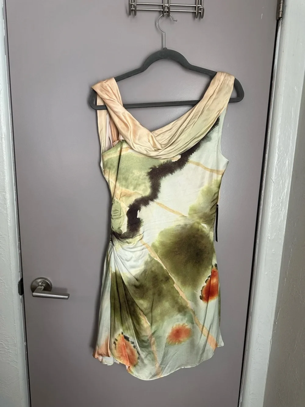 AMUR Beige, Olive & Black Watercolor Cowl Mini Dress - Picture 8 of 8